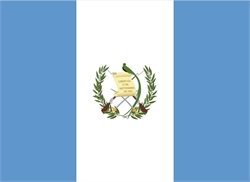 [ai] The flag of Guatemala features three vertical stripes: two light blue outer stripes and a white center stripe. In the white section, a coat of arms is centered, depicting a scroll, crossed rifles, and a laurel wreath.